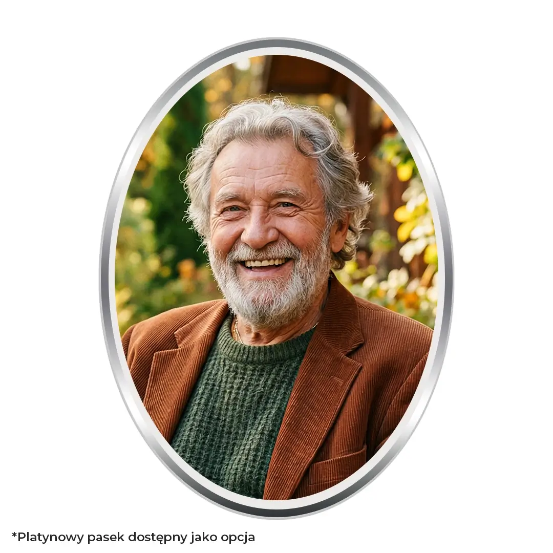Owalne zdjęcie nagrobkowe z platynowym paskiem na krawędzi. Elegancka fotoporcelana kolorowa, łącząca nowoczesny wygląd metalicznego zdobienia z trwałością ceramiki.