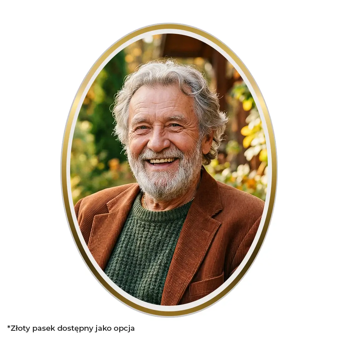 Owalne porcelanowe zdjęcie na nagrobek ze złotym paskiem, wraz z kolorową fotografią.