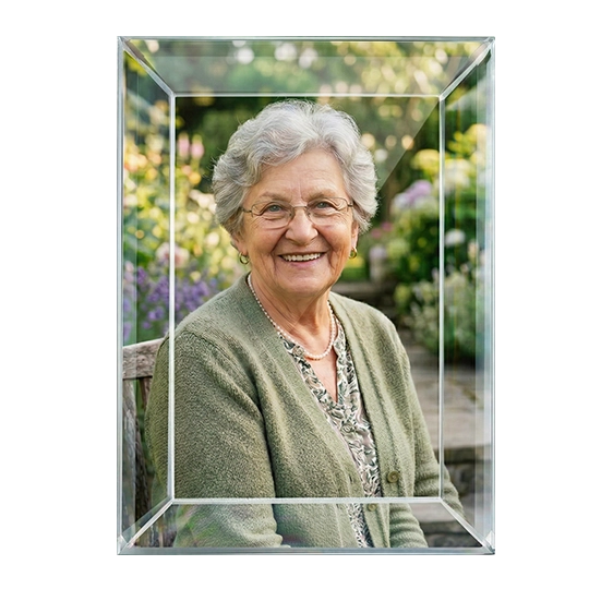 Zdjęcie na pomnik w szkle z portretem starszej kobiety w ogrodzie
