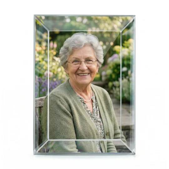 Zdjęcie kryształowe na pomnik z portretem starszej kobiety w ogrodzie