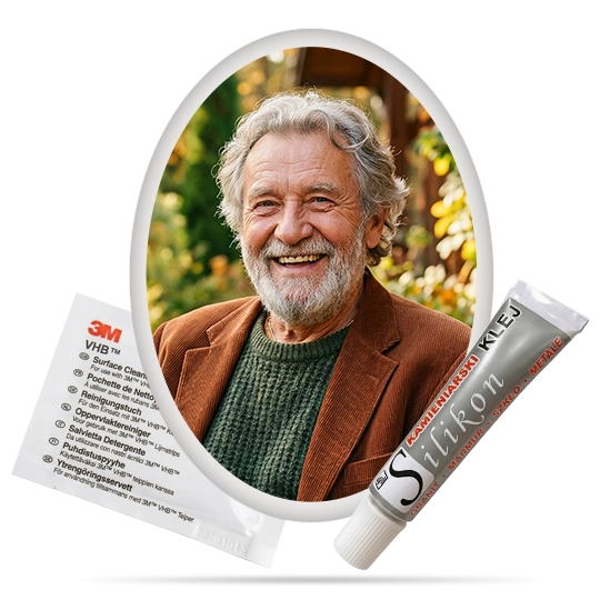 Zestaw do montażu zdjęcia nagrobkowego: fotoporcelana owalna 7x10cm, silikon kamieniarski i chusteczka odtłuszczająca